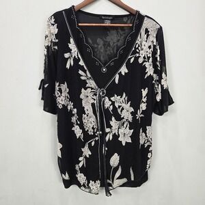 Vtg Y2K Appointments Blouse Top 3X Black White Floral Flutter Sleeves Whimsigoth